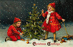 An old card showing two children and a Christmas Tree