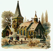 An old card showing a country Church covered in snow
